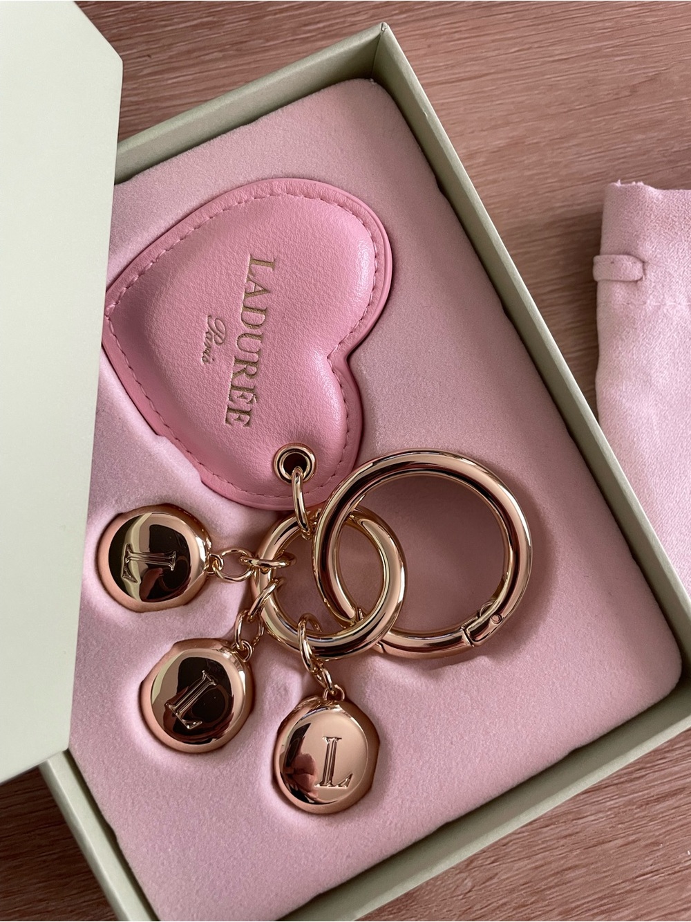 LADURÉE Pink Heart Key & Card Holder with Rose Gold Charms